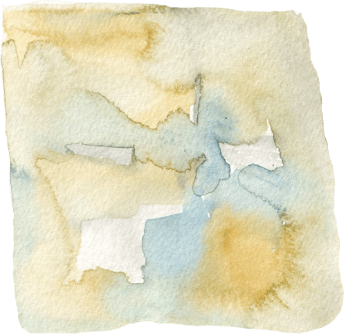 A square abstract painting rendered in blue, beige and orange watercolor
