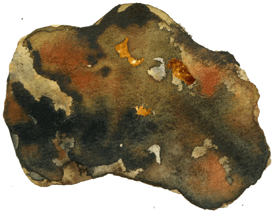 An irregularly shaped meteorite streaked with black, brown, orange and red. At the core there is a flickering flame that can be peeked through holes.